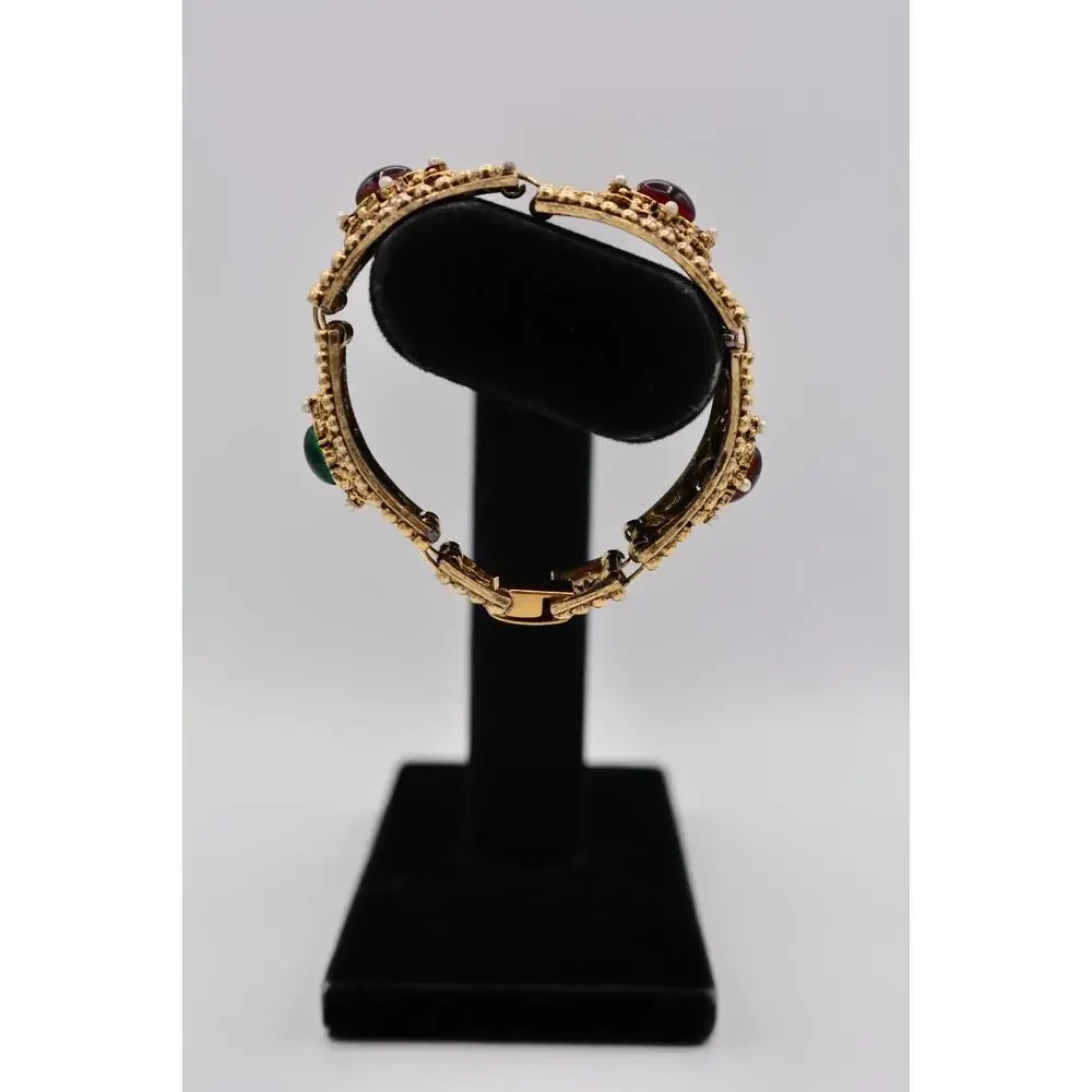 Vintage Cabochon Bracelet Multi-Color Antiqued Aged Gold Heavy Chunky 1960s Bin5